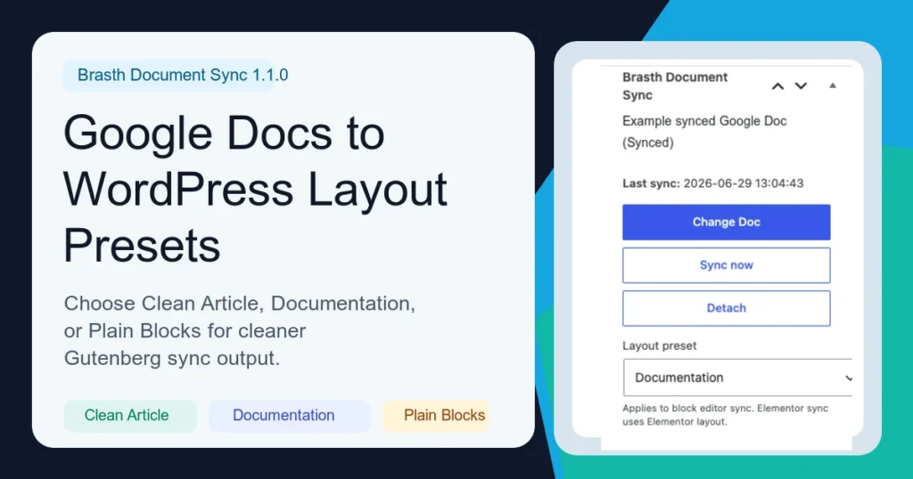 Brasth Document Sync layout preset selector showing the Documentation option.
