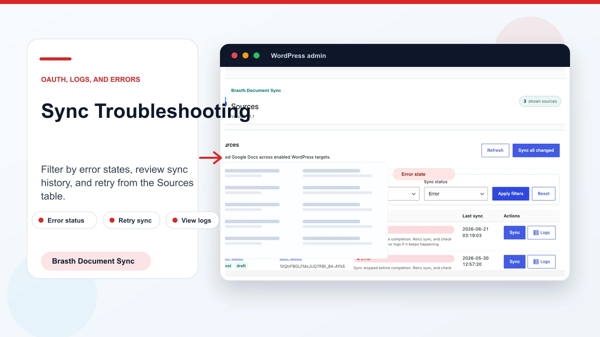 Troubleshooting view with sync status filters and diagnostic events.
