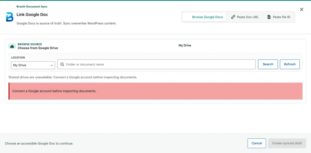 Brasth Document Sync modal for choosing a Google Doc from Drive, a document URL, or a file ID.
