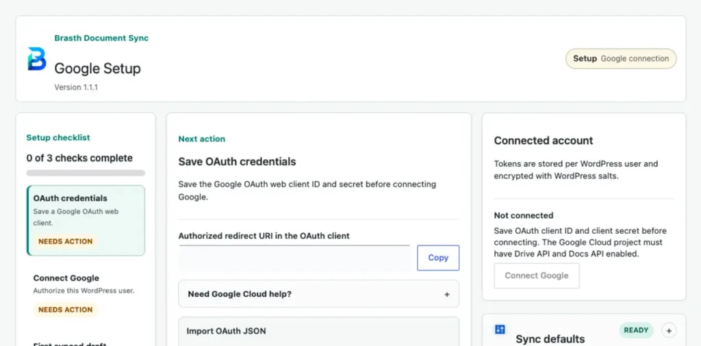 Brasth Document Sync Google setup screen showing OAuth credentials, connected account status, and sync defaults.
