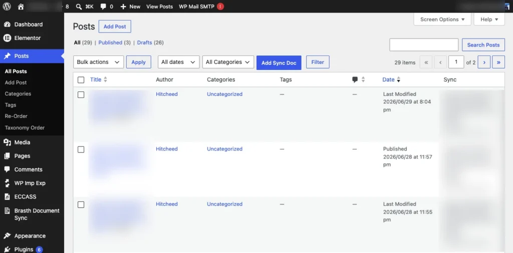 WordPress posts list showing the Add Sync Doc button and a blurred sync status column.