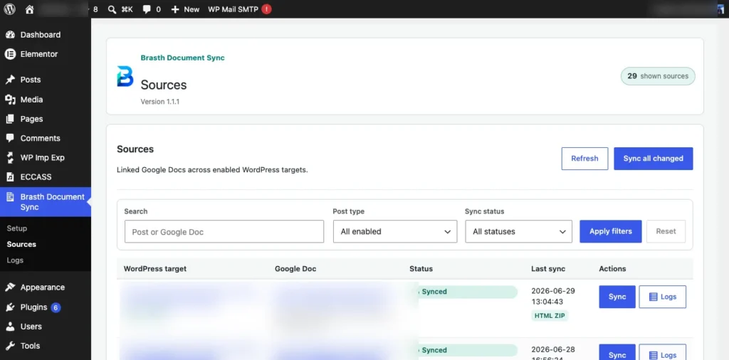 Brasth Document Sync Sources dashboard showing blurred source titles, sync status, last sync method, and row actions.