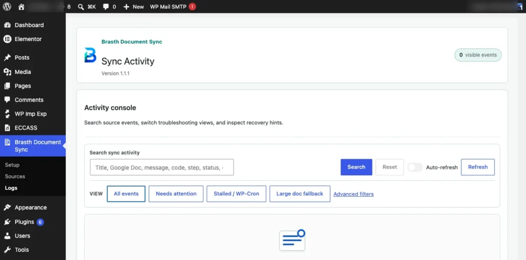 Brasth Document Sync Activity console with filters for all events, needs attention, WP-Cron stalls, and large document fallback.